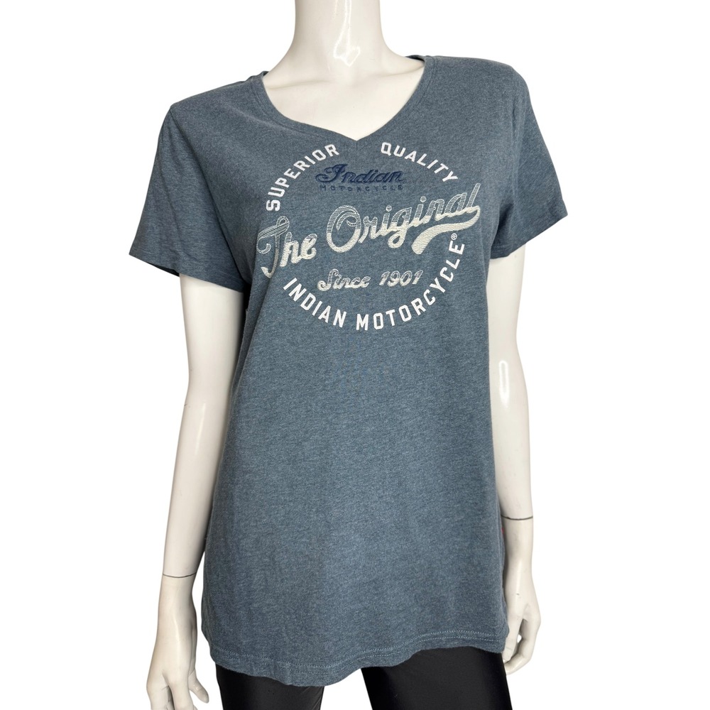 Indian Motorcycle Woman's Heather Blue V-Neck Graphic T-Shirt Large The Original